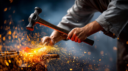 A blacksmith shaping glowing metal with a hammer, sparks flying dramatically — blured background, with copy space.