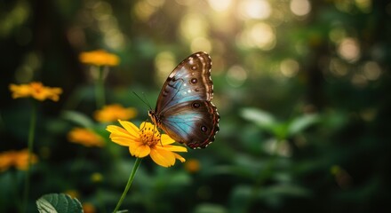Obraz premium A blue morpho butterfly rests on a bright yellow flower in soft sunlight