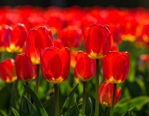 Bright red tulips blooming in the sun with many in the background