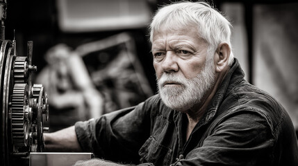 Elderly man polishing antique clock mechanism, concentration — blured background, with copy space.