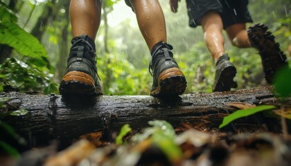 Two people wearing waterproof hiking boots walk along a fallen log in a tropical rainforest during a light rain shower.