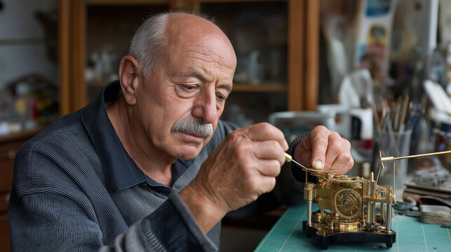 Elderly man polishing antique clock mechanism, concentration — blured background, with copy space.