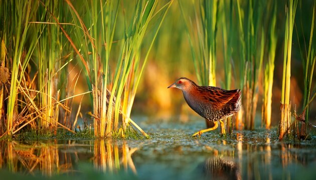 bird little crake zapornia parva walks through the swamp in the reeds the summer evening