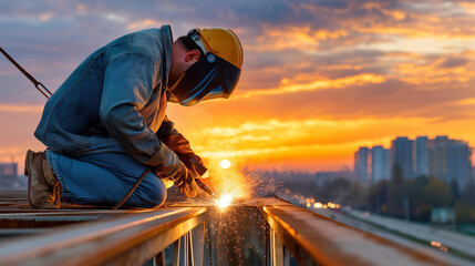 Fototapeta premium Construction worker welding metal beams at dawn, industrial atmosphere — blured background, with copy space.