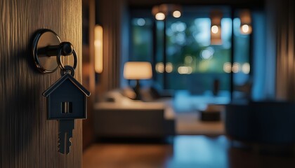 A black house-shaped key with a keyring is in a dark brown door, and a blurry, dimly lit luxury living room is visible through the doorway.