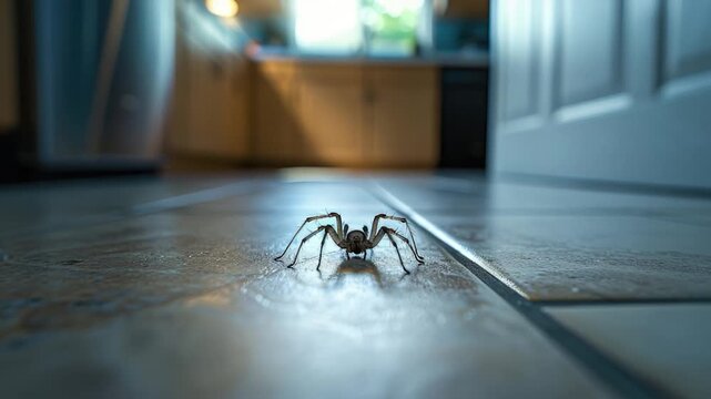 Video clip A spider sits on the floor of a kitchen, looking around