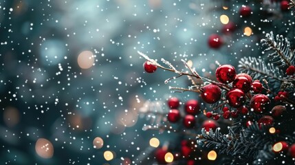 Snow falls gently on a branch with bright red berries. Soft bokeh lights, festive atmosphere, Christmas and New Year celebrations, horizontal banner, copy space, free space for text