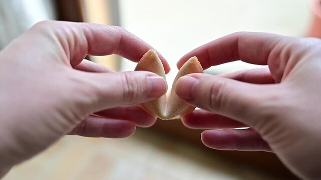slow motion of Woman hands breaking and  holding tasty fortune cookie and paper with prediction
