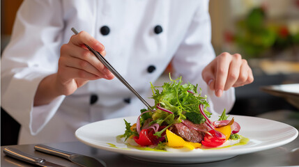 A chef plating gourmet food with tweezers, fine dining presentation, elegant atmosphere &mdash; blured background, with copy space.