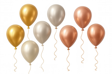 Party balloons in gold, ivory, and rose gold colors with a shiny metallic finish, celebrating special events