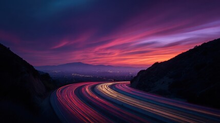 Vibrant twilight sky illuminates a winding road with streaks of car headlights and taillights