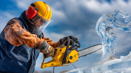 Ice sculptor carving swan figure with chainsaw, frozen mist — blured background, with copy space.