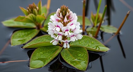 Water Smartweed Blossom Floating on Water Surface with Green Leaves.