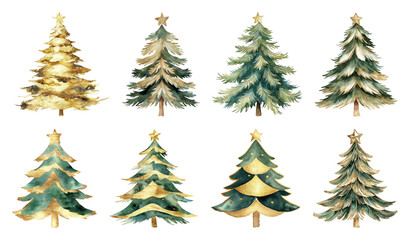Fototapeta premium PNG Elegant watercolor Christmas tree designs, element set on transparent background