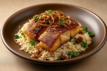 Fototapeta premium Pan-seared Halibut Fillet Served on Rice With Caramelized Onions and Chopped Parsley