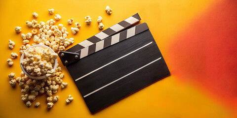 Popcorn spills around a clapperboard, creating a fun movie scene. The warm background adds a cozy feel, perfect for movie nights. Enjoy snacks while watching films