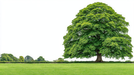 Ancient oak tree landscape green meadow solitary tree horizon open field lush foliage summer sky pastoral scene isolated tree natural environment