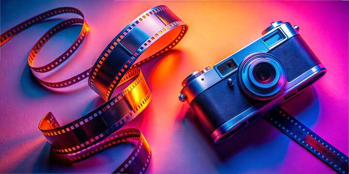 A vintage camera sits on a smooth surface, with film reels winding around it, illuminated by soft, radiant light in shades of purple and orange, evoking a nostalgic feel