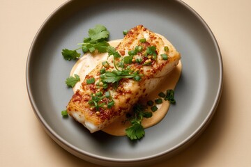 Seared Cod Filet Rests on Sauce With Herb Garnish on Dark Plate for Dinner