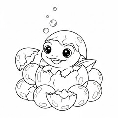 Obraz premium Cute baby dragon hatching from egg surrounded by cracked shells and bubbles