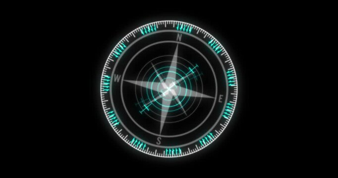 Digital Compass Radar HUD Circle Element Animation. Motion Graphic Element on Black Background. Abstract HUD Element. Futuristic Digital Radar Screen Concept.