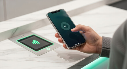 Close-up of a hand making a secure contactless payment with a smartphone at a modern, integrated retail checkout terminal. Confirmation screen visible.