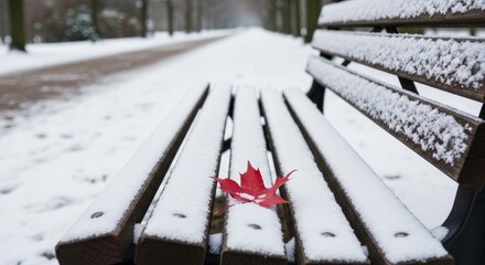 Close-up of a vibrant red maple leaf resting on a wooden park bench covered in the first snowfall, contrasting autumn with the cold, isolated winter scene.