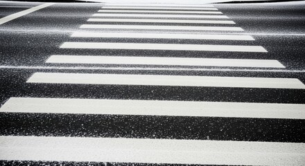 Zebra crossing with white stripes on asphalt road partially covered by first snowfall. Urban winter street scene showing pedestrian pathway with fresh snow.