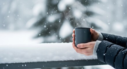 Close-up of person's hands in a winter jacket holding a dark mug with rising steam, on a snowy railing amid falling snow and blurred trees, capturing cozy warmth during the first snowfall.