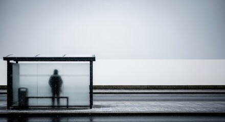 First snowfall blankets a minimalist bus shelter as a lone silhouette waits inside - quiet, moody, and atmospheric. Soft snowflakes drift over wet pavement under gray winter skies.