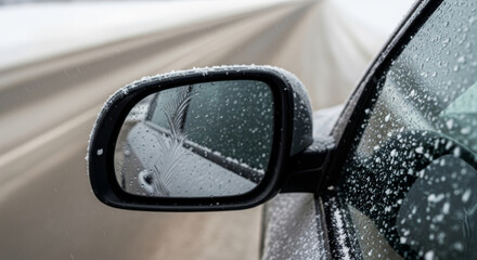 Close-up of a car's side mirror covered in frost and snow, reflecting icy patterns on the window, with a blurred snowy road and falling flakes, evoking the chilly tranquility of first winter snowfall.