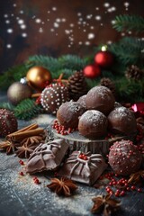 A festive arrangement of chocolate truffles and bars on a wooden slice. Surrounding elements include pine cones, red ornaments, and cinnamon sticks, evoking a holiday atmosphere