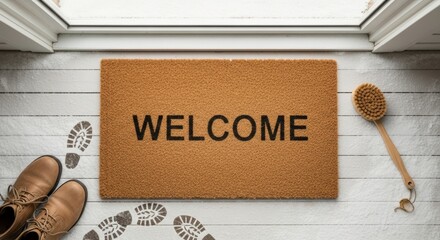 A brown welcome doormat on a snowy wooden floor, with boot footprints, leather boots, and a brush nearby, capturing the cozy atmosphere of the first winter snowfall indoors.