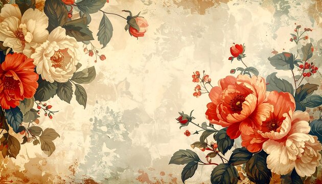 Vintage floral border.  Muted, textured background with rich, detailed roses and other blooms in cream, peach, and terracotta hues.  Intricate leaves and stems.  Aged paper or fabric look - Powered by Adobe