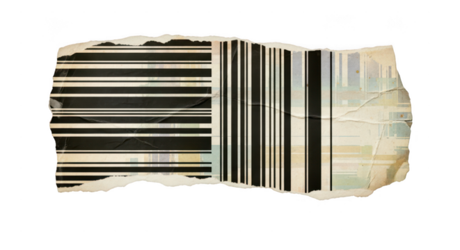 Torn paper with a barcode pattern and distressed texture on a black background