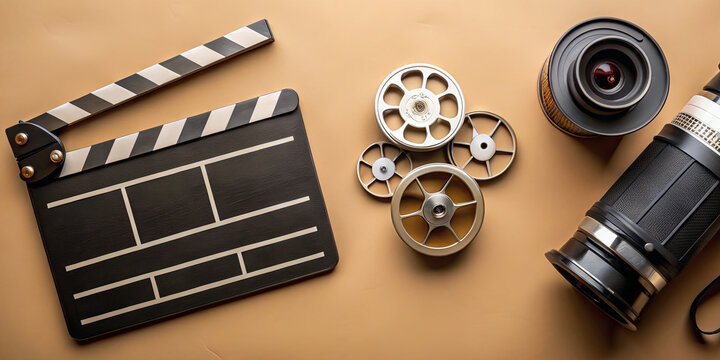 A vintage clapperboard sits alongside film reels and a classic camera on a smooth surface. This setup highlights essential tools used in filmmaking, creating a nostalgic vibe for cinema enthusiasts