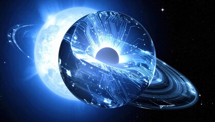 Rendered with a luminous blue glow, an abstract futuristic concept showcases a stylized star with orbiting rings alongside a technological toroidal structure, set against a vast black space...
