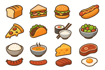 Assorted cartoon food icons: burger, sushi, pizza, taco, bread, hotdog, rice, cheese, soup, egg