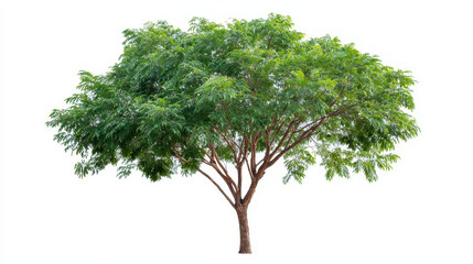 Fototapeta premium Lush green tree with wide canopy natural botanical minimalism single tree on white background, serene organic foliage and textured trunk conveying calm natural beauty