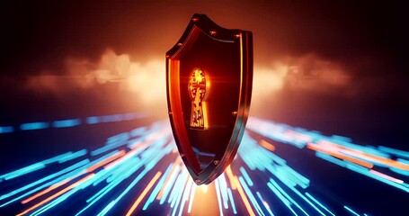 A futuristic shield with a keyhole glowing amidst vibrant light trails - Powered by Adobe