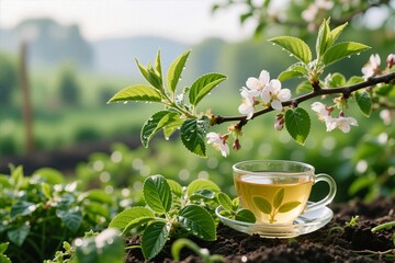 Close-up of fresh tea leaves with morning dew in soft natural light, botanical setting.