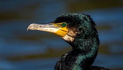 Close-up profile of a dark-colored bird, likely a cormorant, with a distinctive yellow beak.  Sharp focus on the bird's head and neck.  Blurred background of water