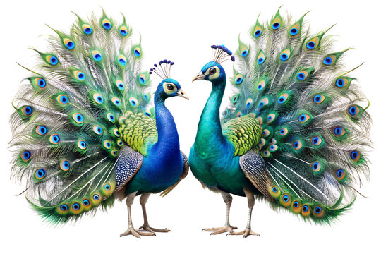 Two magnificent male peacocks displaying their vibrant iridescent feathers in a majestic courtship dance on a pristine white background