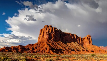Fototapeta premium Dramatic landscape displays a towering red rock formation under a dynamic sky, showcasing a blend of dark clouds, bright blue sky, and strong sunlight, creating a captivating scenic view of natural...