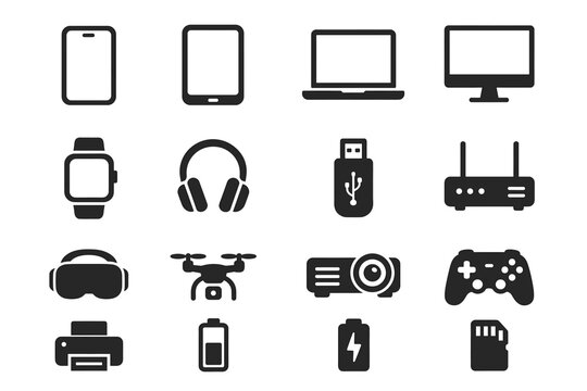 Black electronics icons set: phone, tablet, laptop, monitor, accessories