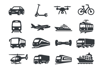 Set of transportation icons featuring car, bus, train, bicycle, and more