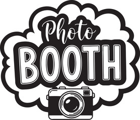 Black and White Photo Booth Sign with Camera Icon and Cloud Shape text lettering on white background also transparent background