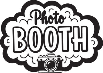 Photo Booth text with a vintage camera illustration on a black cloud-shaped background with white outlines on white background also transparent background