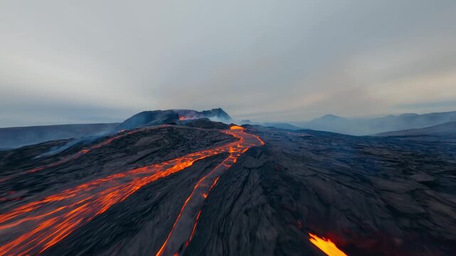 FPV drone flying over glowng lava flows from an eruping volcano.