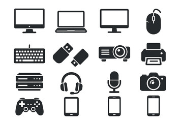 Silhouette icons of electronic devices including computer, laptop, camera, and smartphone